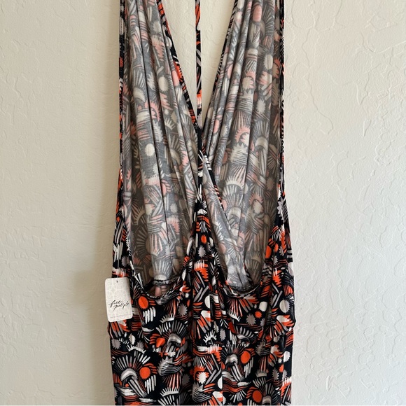 Free People Daria Halter Maxi Dress Size L Black Orange Low Back Wrap Slit Plun… - Picture 7 of 9
